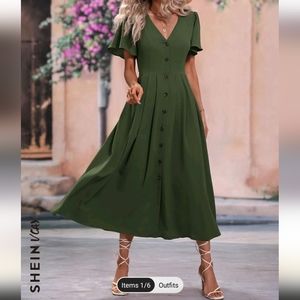 SHEIN VCAY Solid Button Front A-line Dress - Army Green 12